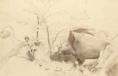 Fontainebleau, Figur lehnt an einem Felsen von Jean Baptiste Camille Corot